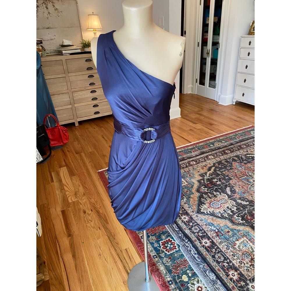 BCBGMAXAZRIA Navy Blue One Shoulder Rhinestone Buckle Draped Cocktail‎ Dress XS